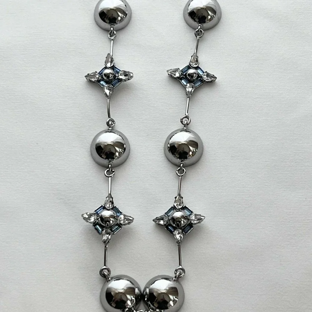 Silver Chrome Blue Crystal Fashion Necklace Never Worn Stunning‎